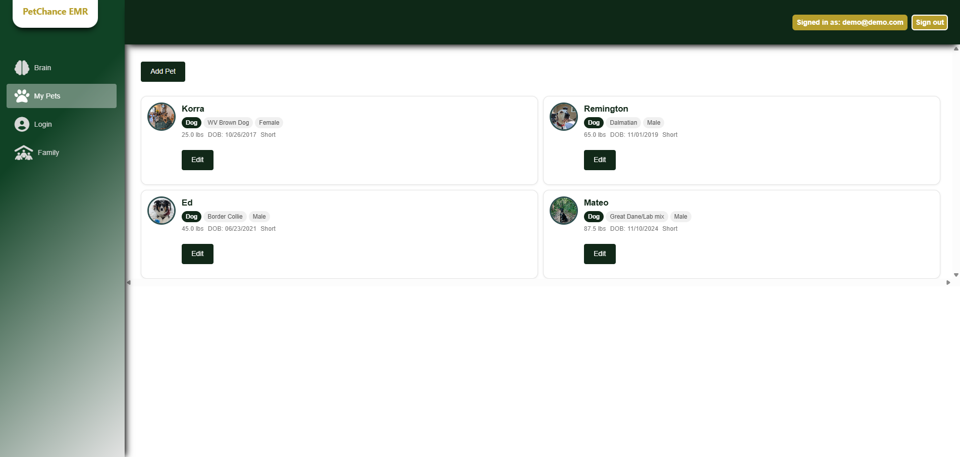 Pet profile page